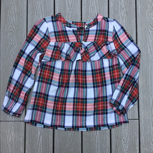 J.Crew Ruffle long sleeve blouse.Red, green, black, gold sparkle thread plaid XS - Picture 4 of 9